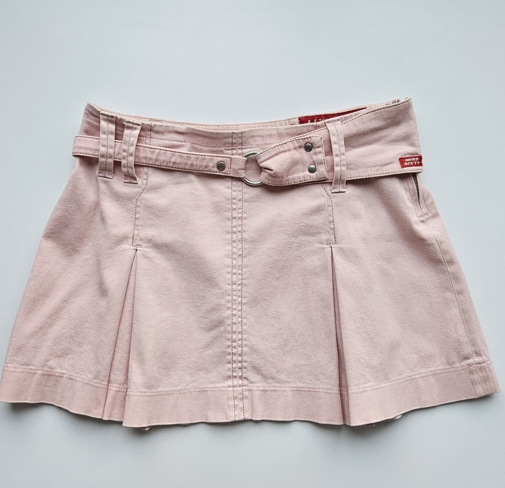 Miss Sixty Vintage Pastel Pink Denim Low Waist Pleated Micro Mini Skirt